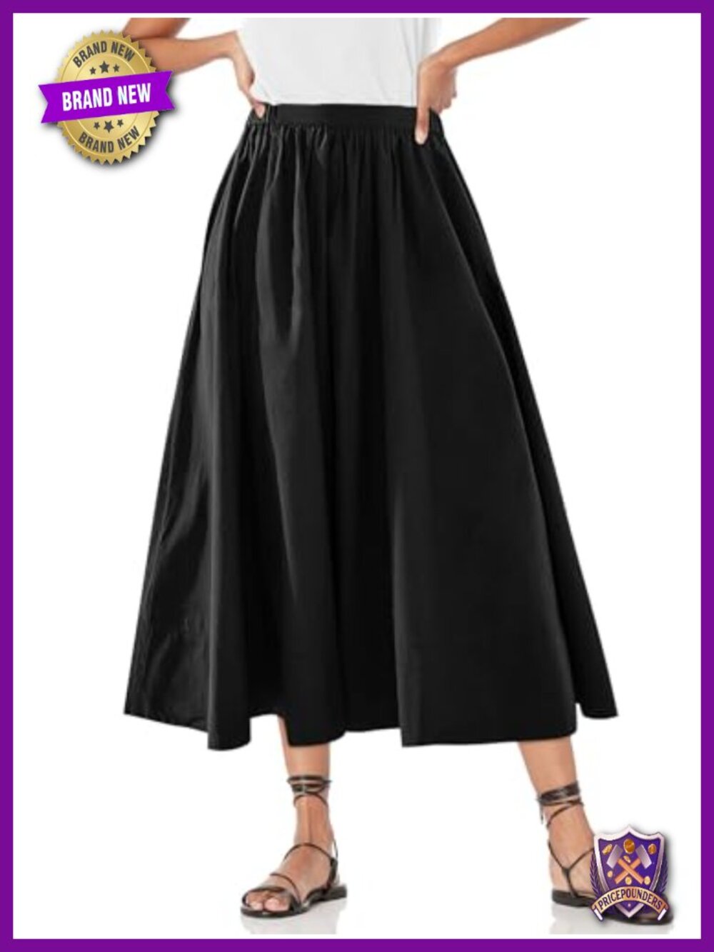 A-Line Midi Skirt High Waist Pleated Flowy Swing Long with Pockets